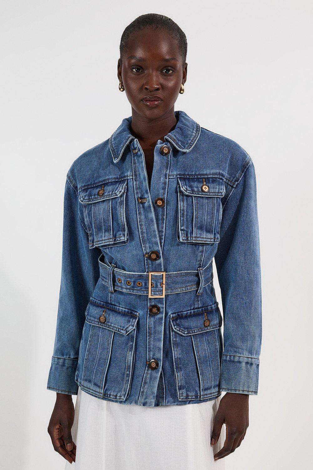 Denim Pocket Detail Belted Safari Jacket - Mid Blue