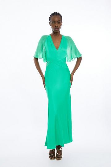 Green Tall Viscose Georgette Angel Sleeve Woven Maxi Dress