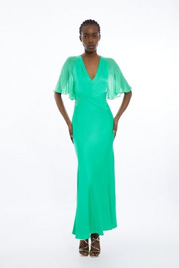 Green Viscose Georgette Angel Sleeve Woven Maxi Dress