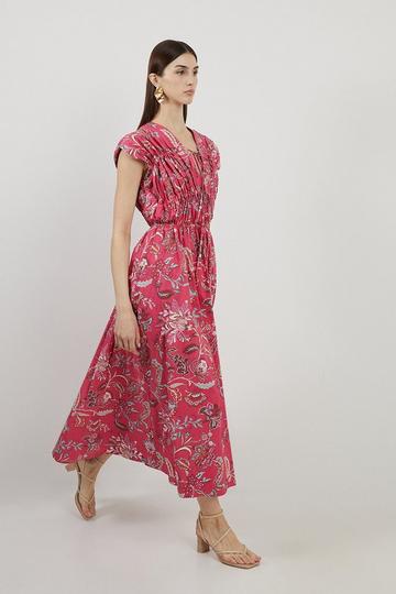 Pink Boho Floral Printed Cotton Woven Midi Dress