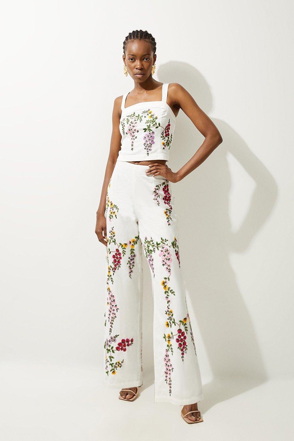 Floral Embroidered Cotton Linen Woven Wide Leg Trousers - Floral