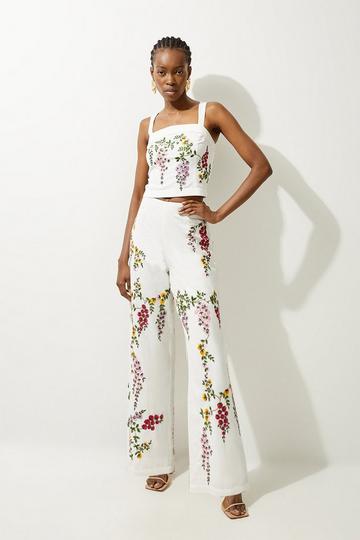 Multi Floral Embroidered Cotton Linen Woven Wide Leg Trousers