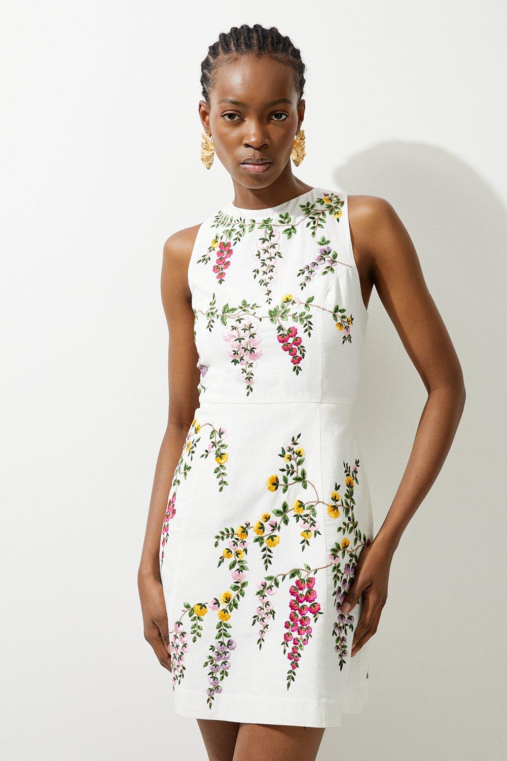 Floral Embroidered Cotton Linen Woven Mini Dress - Floral