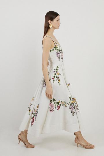 Multi Floral Embroidered Cotton Linen Woven Prom Dress