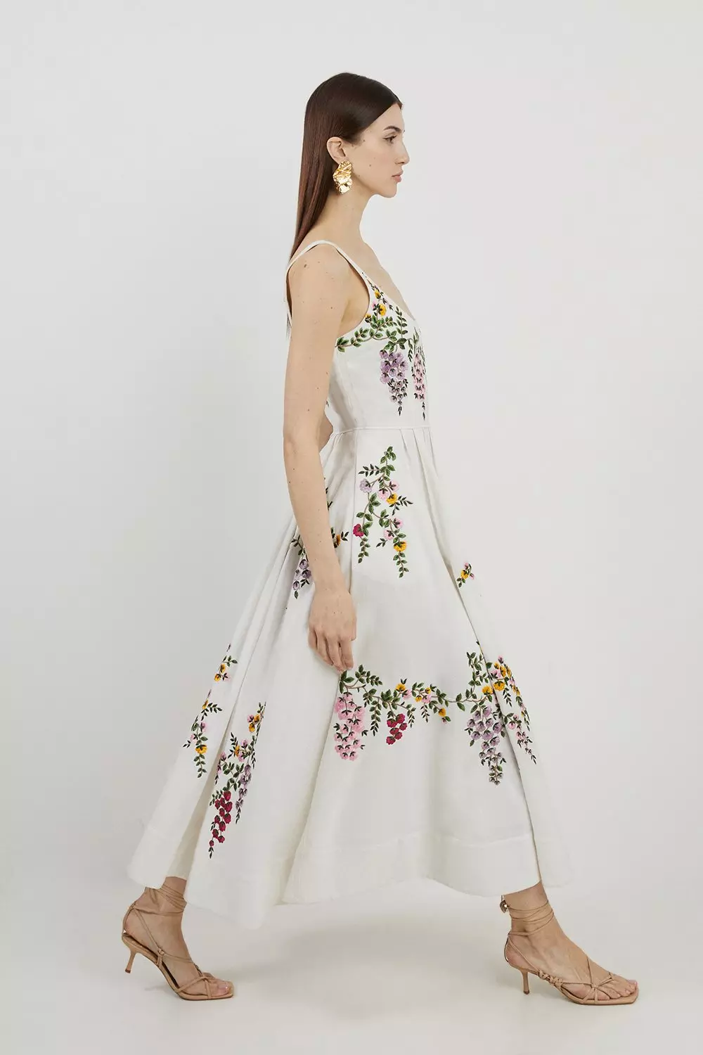 Floral Embroidered Cotton Linen Woven Prom Dress Karen Millen