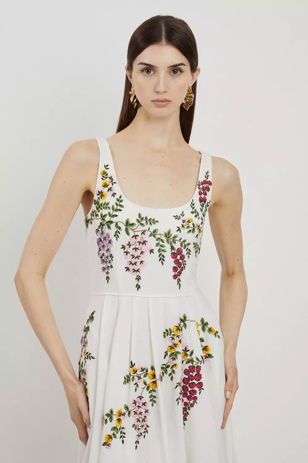 Floral Embroidered Cotton Linen Woven Prom Dress Karen Millen