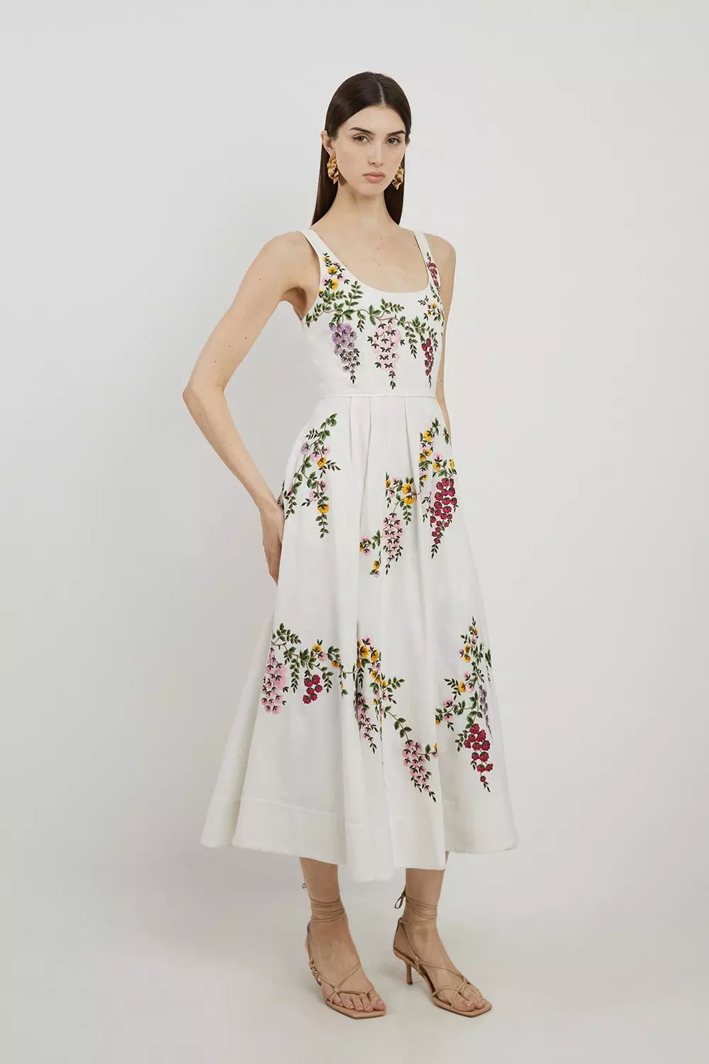 Floral Embroidered Cotton Linen Woven Prom Dress Karen Millen