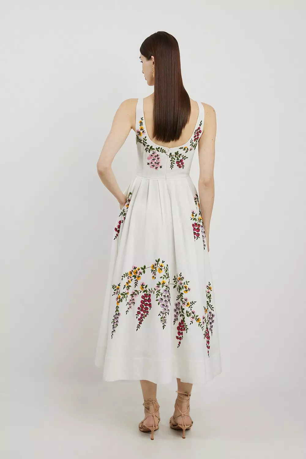 Floral Embroidered Cotton Linen Woven Prom Dress Karen Millen