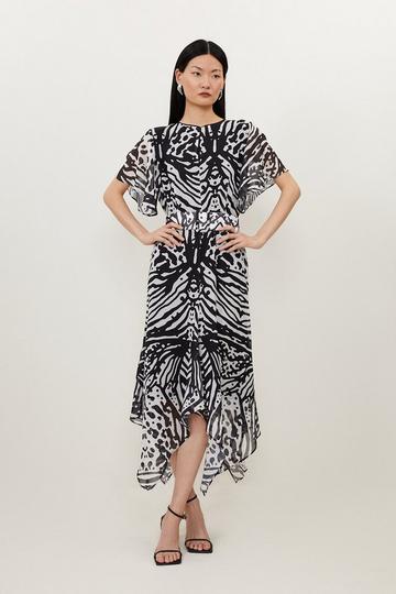 Animal Print Georgette Woven Short Sleeve Midi Dress black