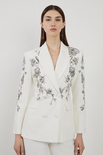 Crystal Embellished Embroidered Double Breasted Blazer ivory