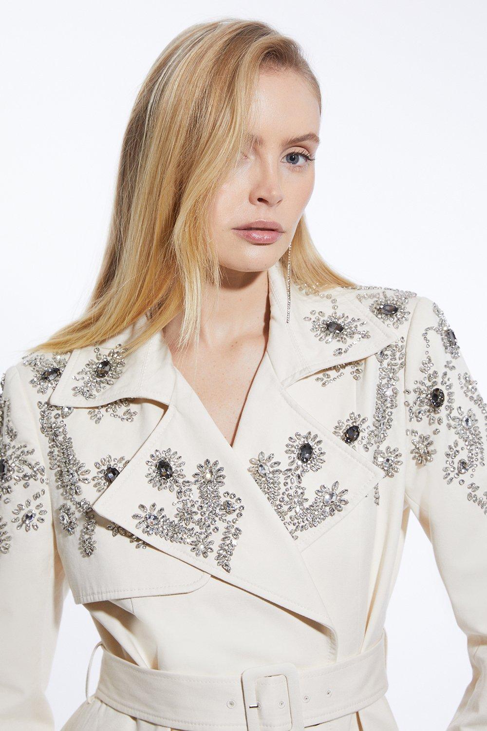 Tailored Crystal Embellished Belted Trench Coat - Ivory