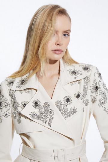 Tailored Crystal Embellished Belted Trench Coat ivory