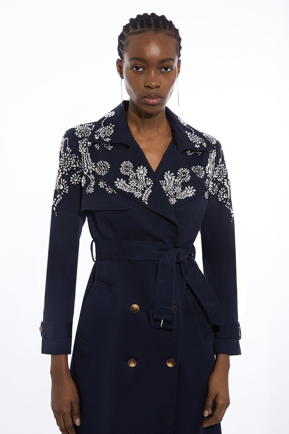 Tailored Crystal Embellished Belted Trench Coat - Navy