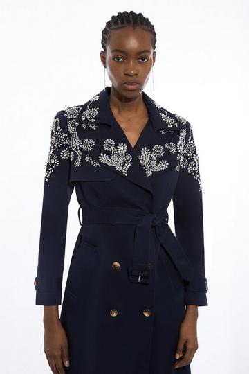 Navy Tailored Crystal Embellished Belted Trench Coat