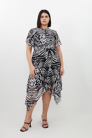 Black Plus Size Animal Print Georgette Woven Midi Dress