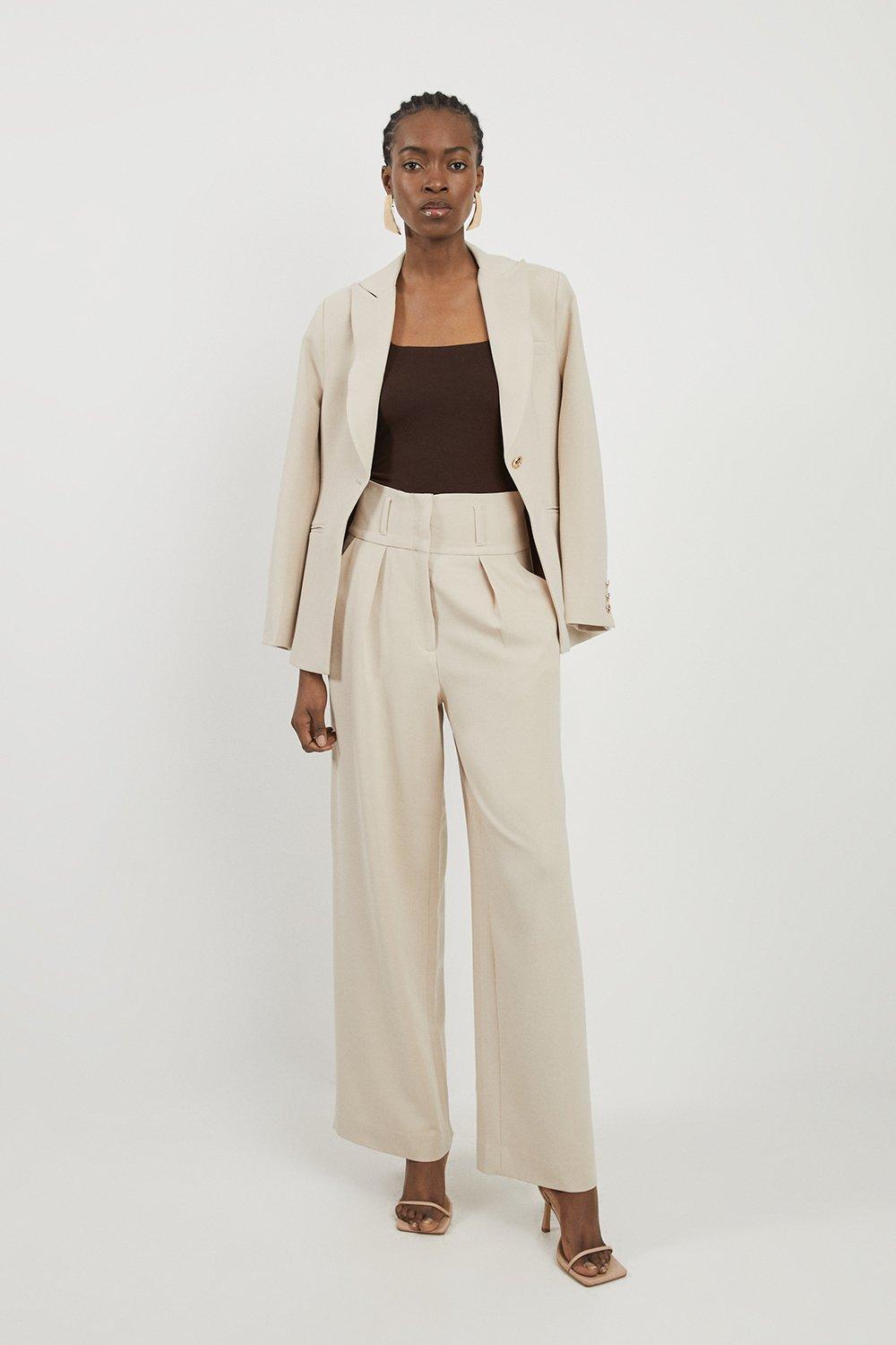 Tailored High Waisted Pleated Wide Leg Trousers - Beige