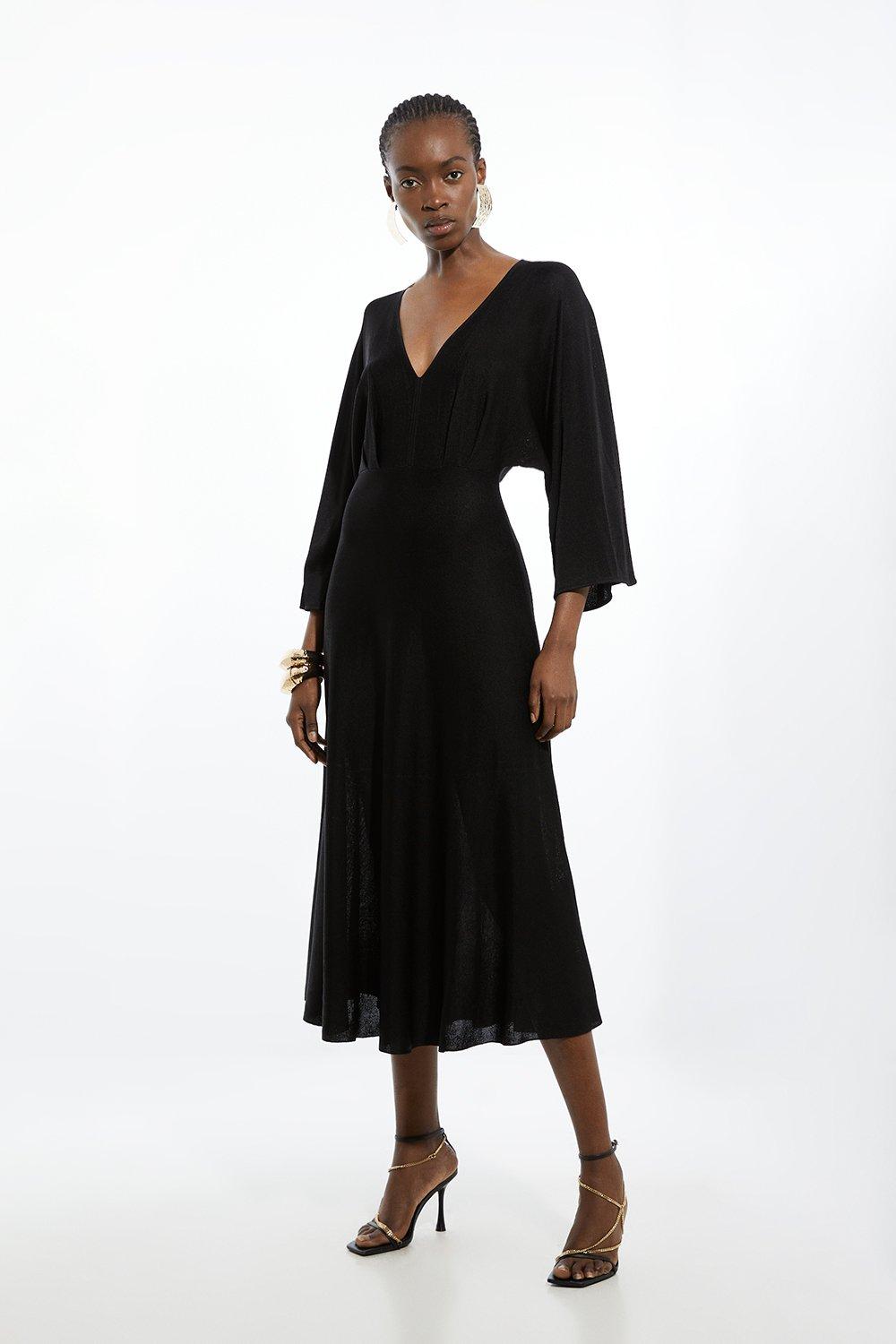 Viscose Blend Slinky Kimono Sleeve Knit Midi Dress - Black