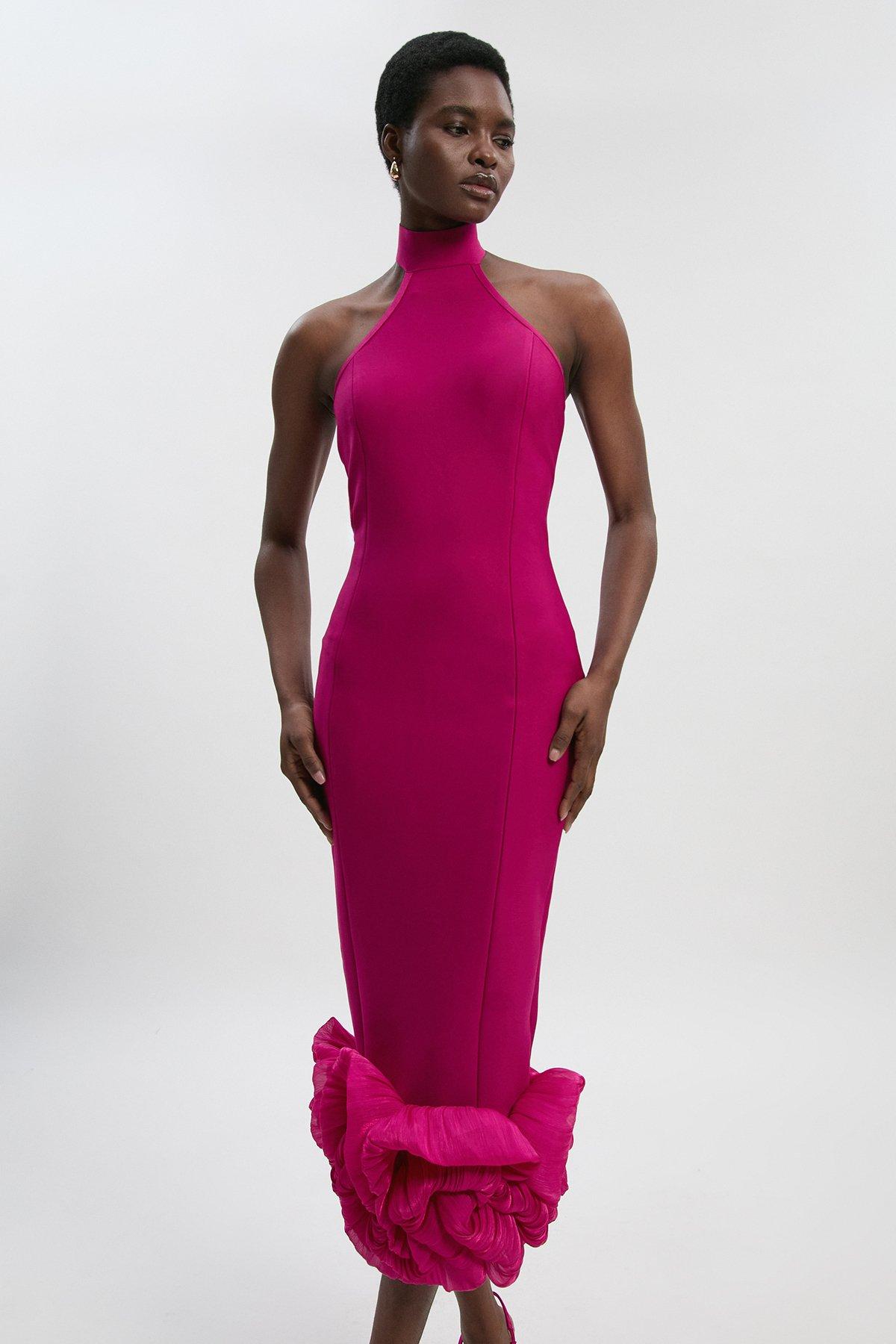 Figure Form Bandage Ruffle Hem Halter Knit Midi Dress - Pink