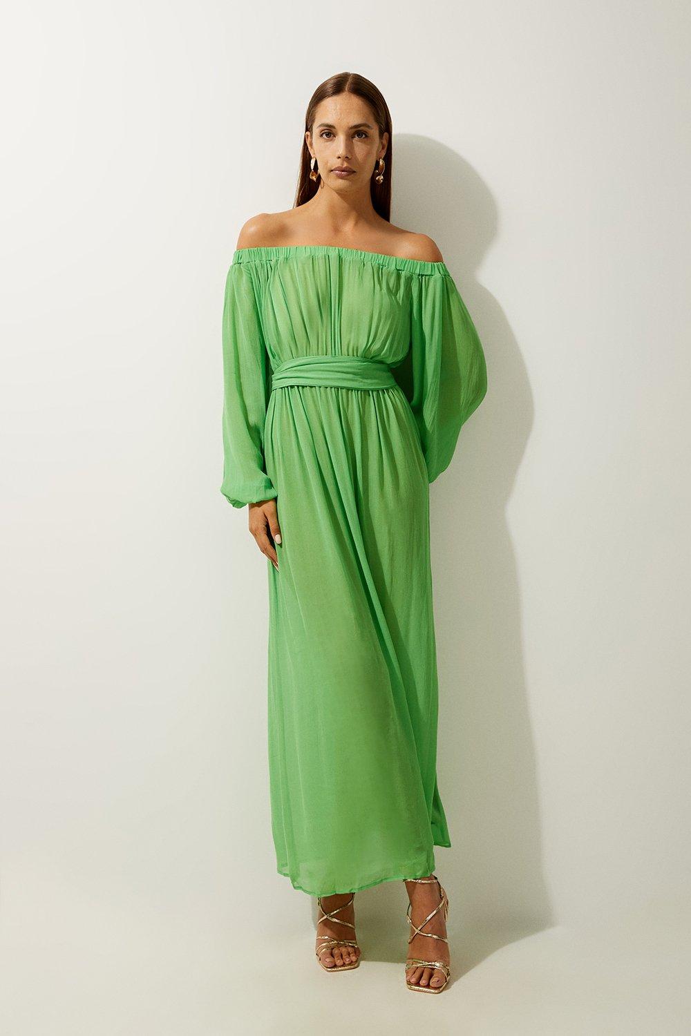 Petite Beach Off The Shoulder Woven Maxi Dress - Green