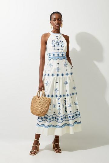 Blue Cotton Embroidered Woven Halter Maxi Dress