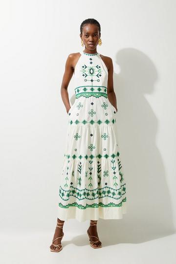 Green Cotton Embroidered Woven Halter Maxi Dress