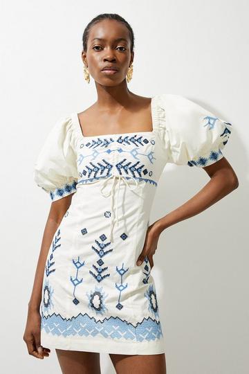Cotton Embroidered Puff Sleeve Woven Mini Dress blue