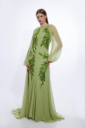 Feather Embellished Woven Long Sleeve Maxi Dress khaki