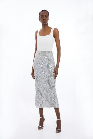 Beaded And Embellished Woven Pencil Skirt silver