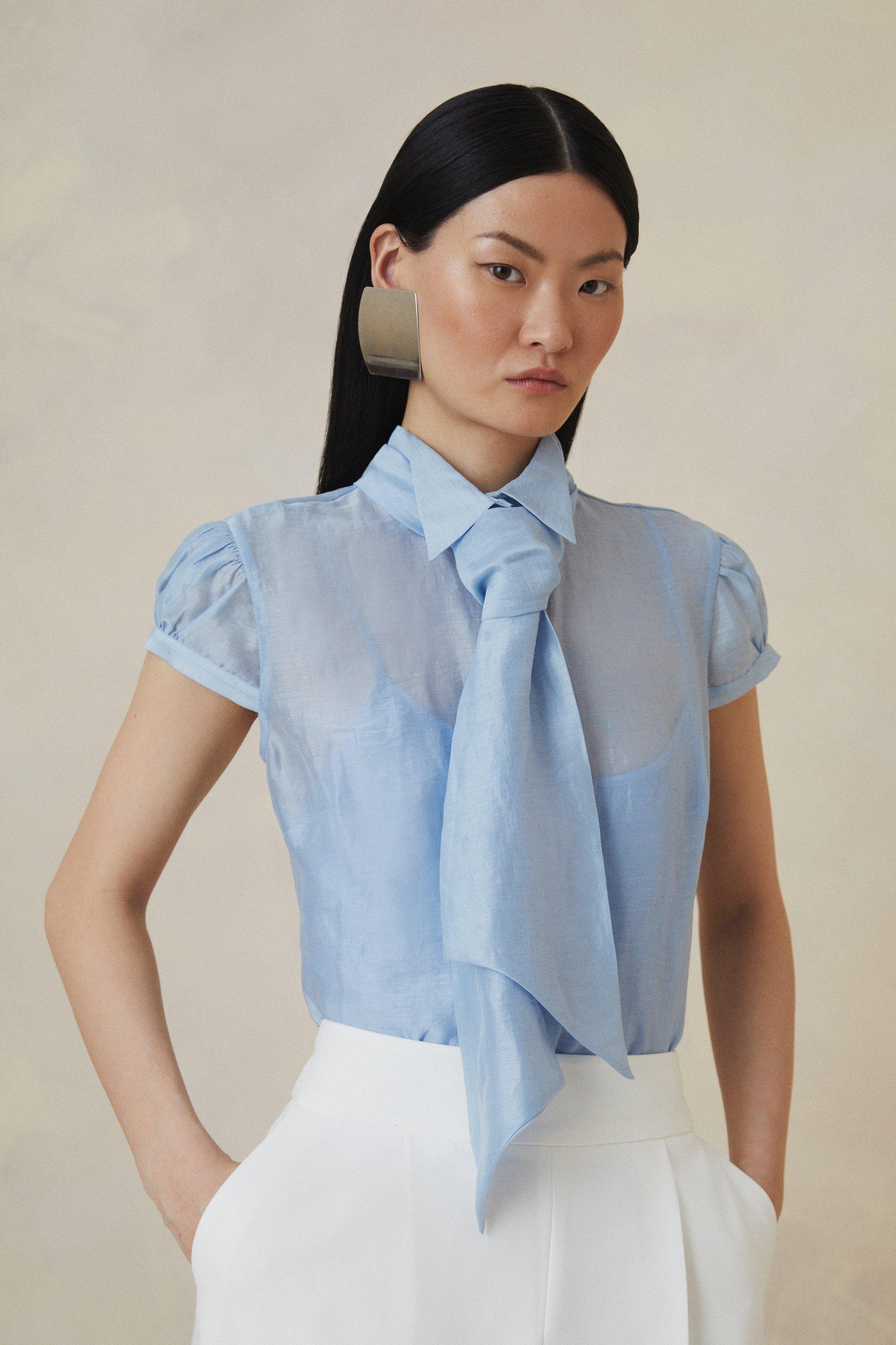 Organza Woven Tie Neck Blouse - Blue