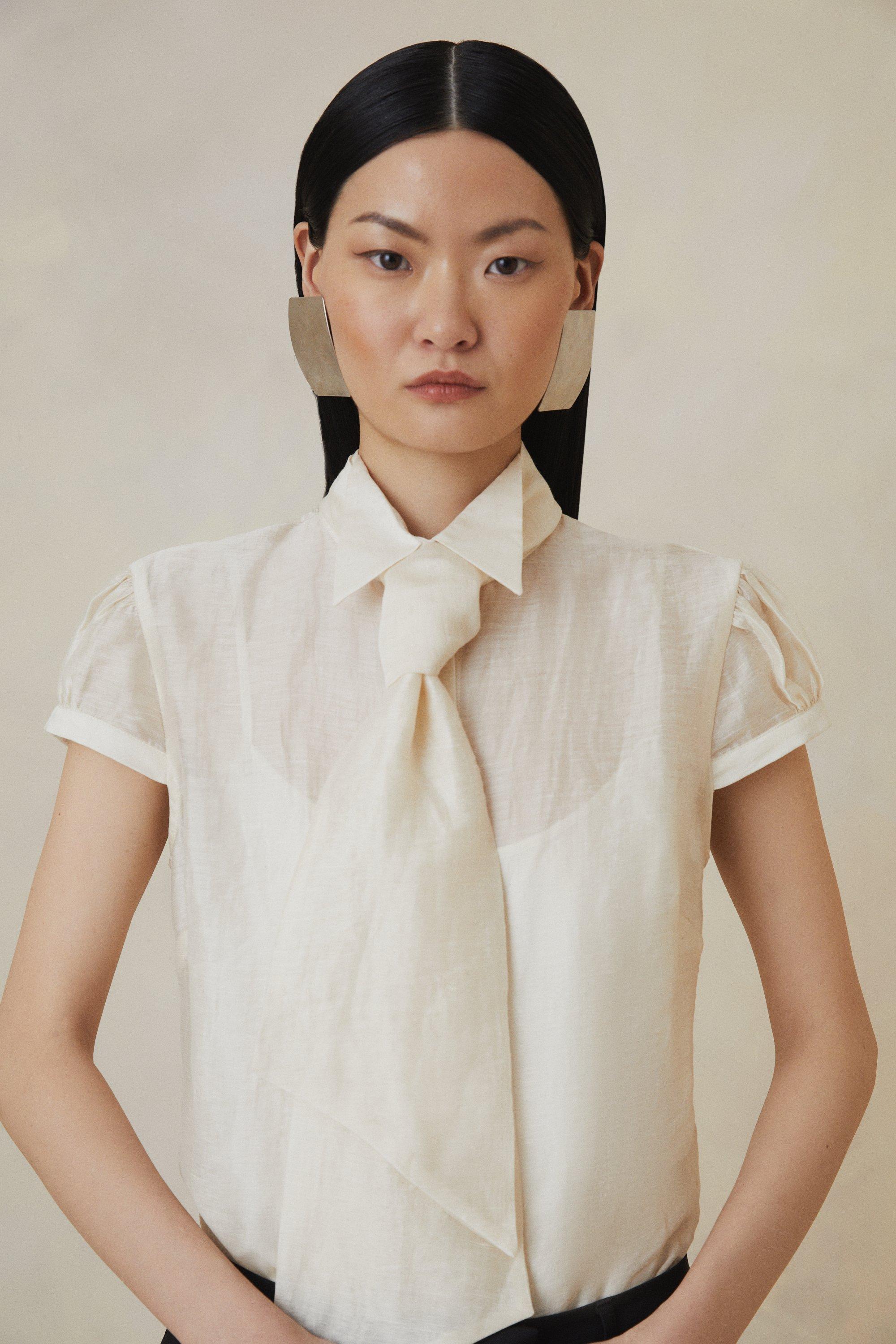 Organza Woven Tie Neck Blouse - Cream