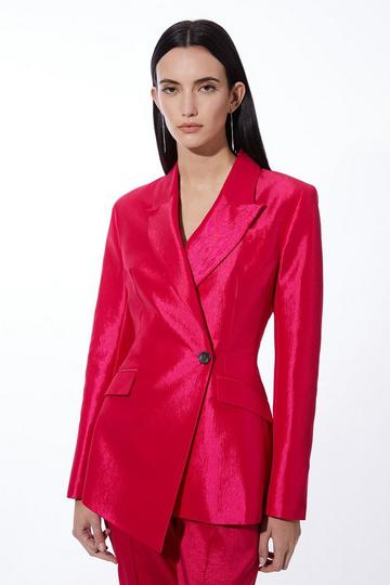 Fluid Tailored Metallic Asymmetric Wrap Blazer bright pink