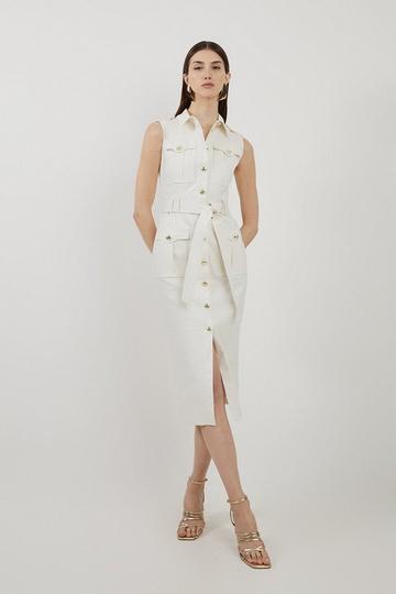 Tailored Denim Cargo Pocket Belted Midi Shirt Dress ivory