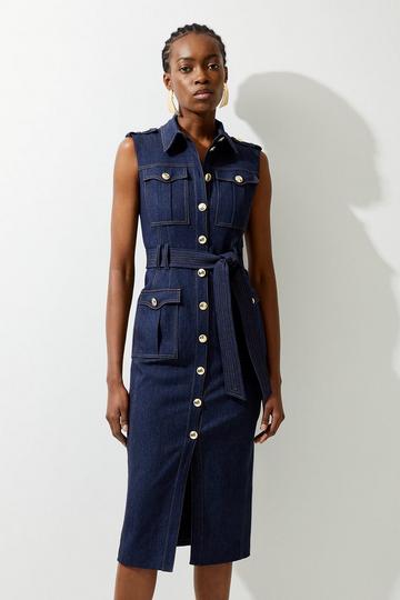 Tailored Denim Cargo Pocket Belted Midi Shirt Dress indigo