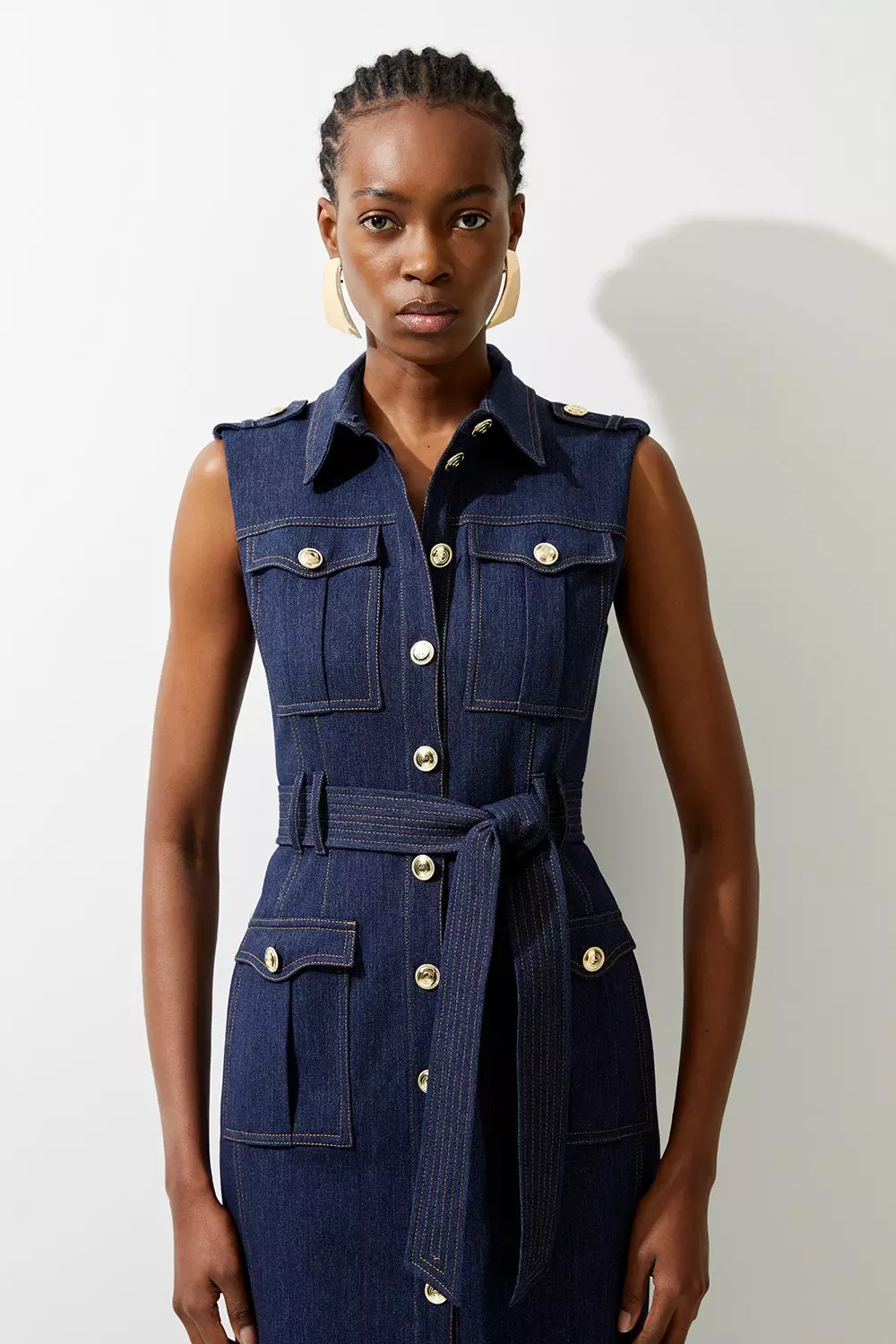 Tailored Denim Cargo Pocket Belted Midi Shirt Dress | Karen Millen