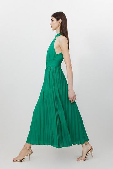 Green Pleated Georgette Belted Midi Dress