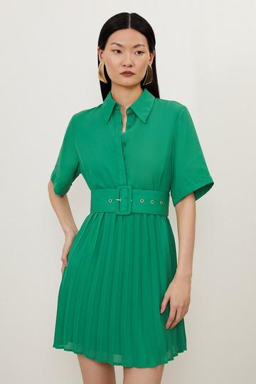Green Pleated Georgette Belted Shirt Mini Dress