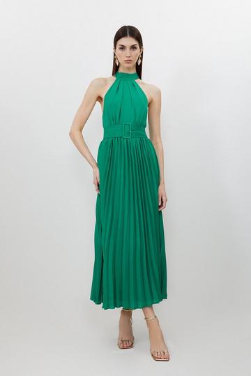 Green Petite Pleated Georgette Belted Midi Dress