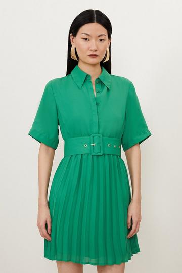 Green Tall Pleated Georgette Belted Shirt Mini Dress