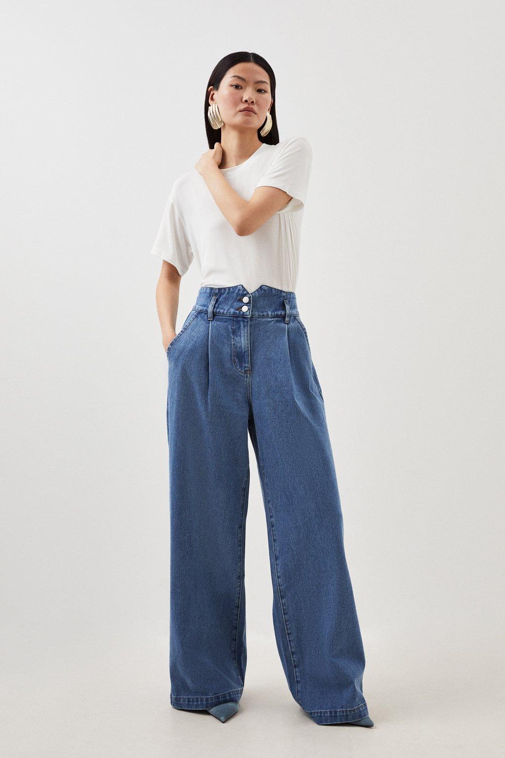 Petite Denim Wide Leg Trousers - Mid Blue