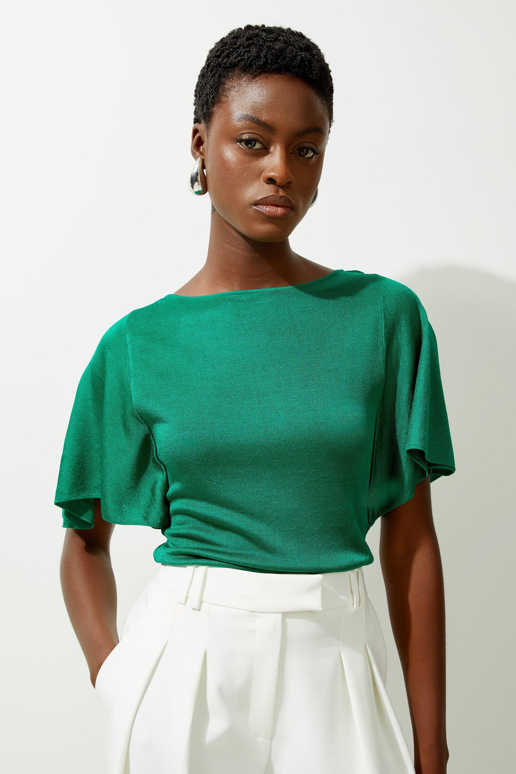 Slinky Viscose Flutter Sleeve Knit Top - Green