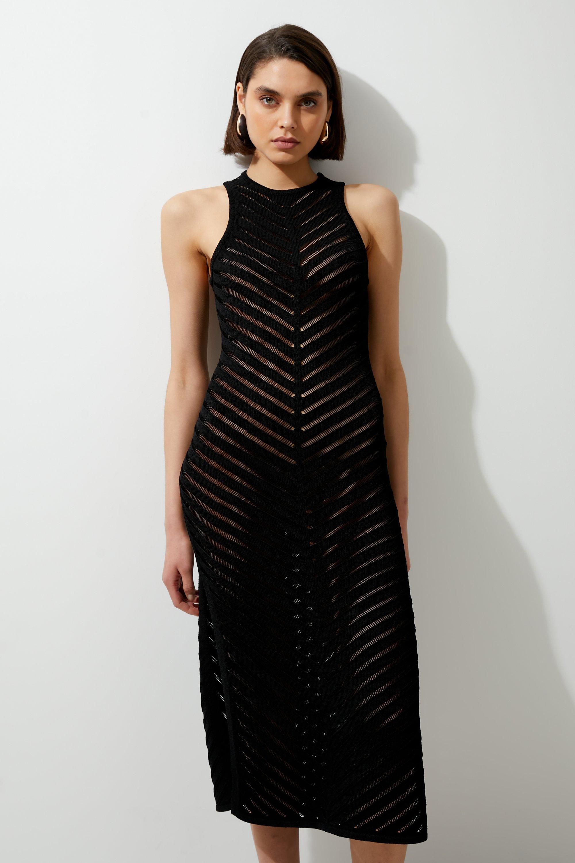 Premium Open Stitch Racer Knit Midi Dress - Black