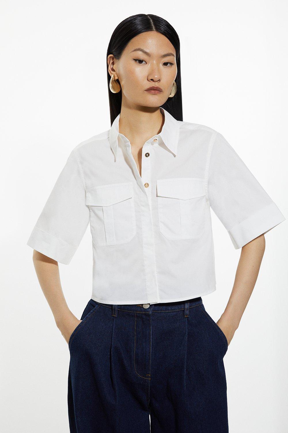 Utility Poplin Pocket Detail Woven Crop Shirt - White