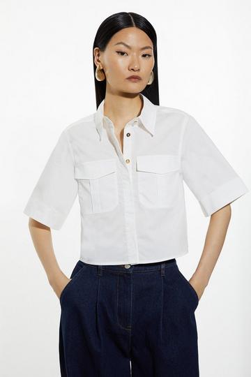 Utility Poplin Pocket Detail Woven Crop Shirt white