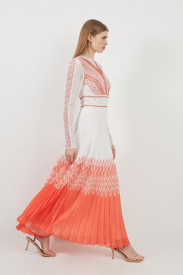 Guipure Lace Pleated Printed Woven Maxi Dress coral