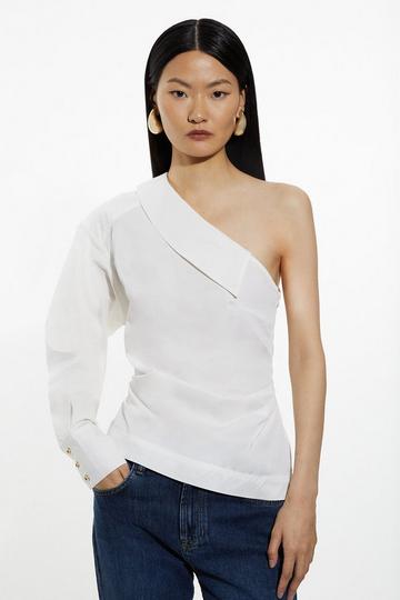 Cotton Poplin Woven One Sleeve Shirt white