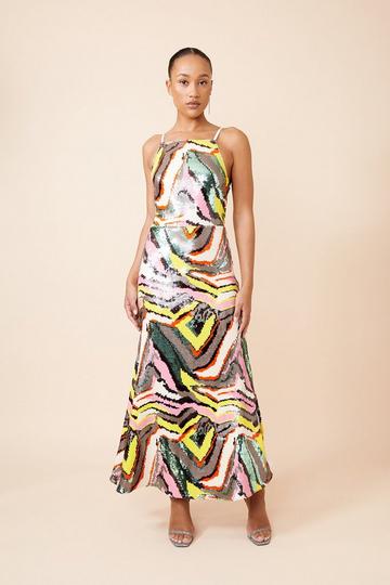 Abstract Sequin Embellished Woven Strappy Midi Dress multi