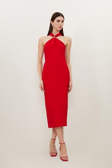 Red Drape Halter Neck Midi Pencil Dress