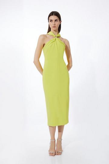 Soft Tailored Drape Halter Neck Midi Pencil Dress lime