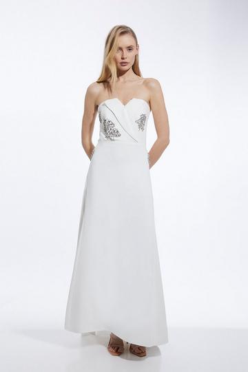 Crystal Embellished Bandeau Tailored Maxi Dress ivory
