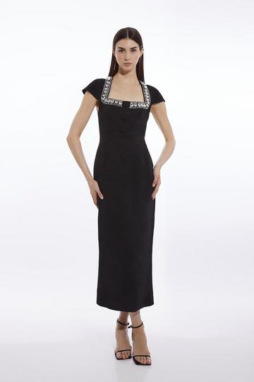 Tailored Embellished Square Neck Midi Dress black